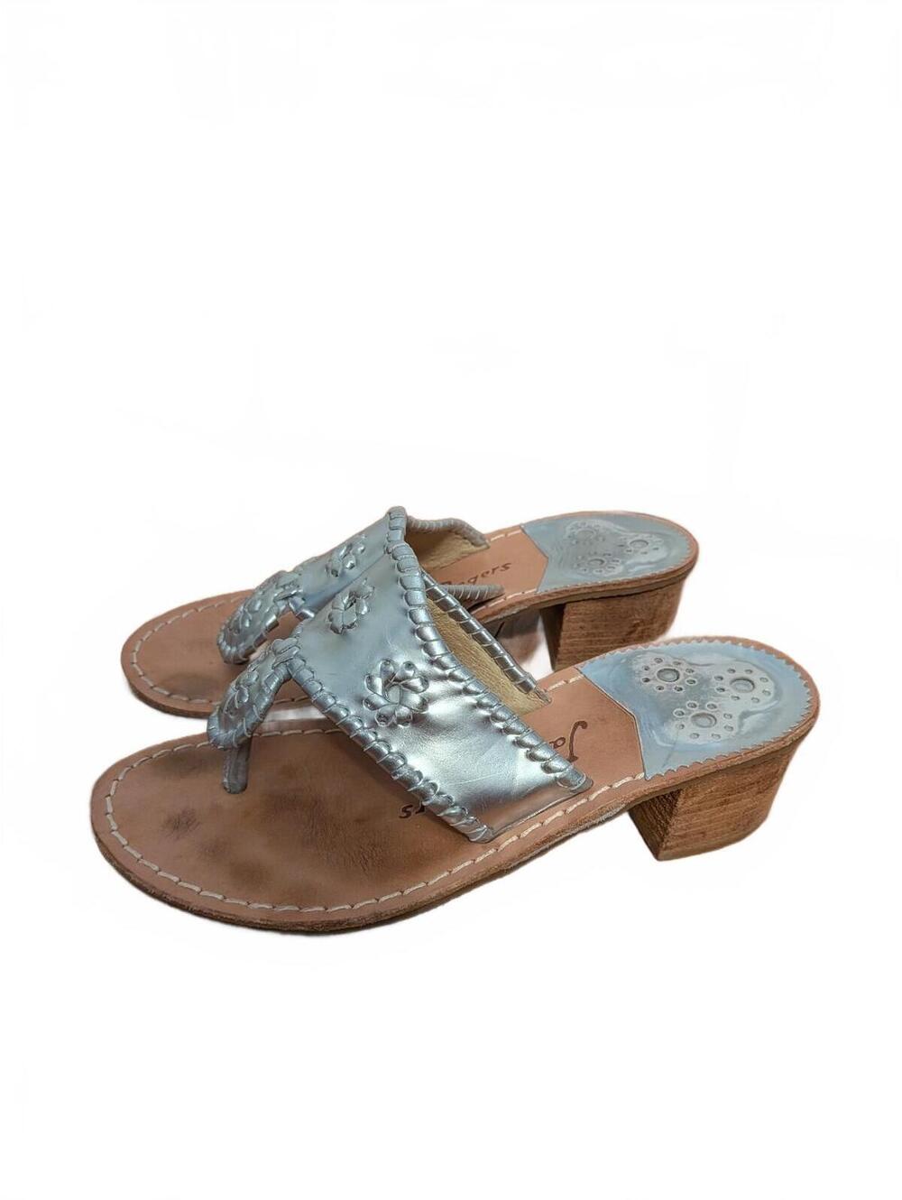 Jack Rogers Silver Metallic Whipstitch Flower Thong Heel Sandals